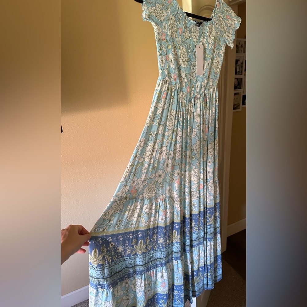 Floral Maxi Dress with Blue and White Pattern